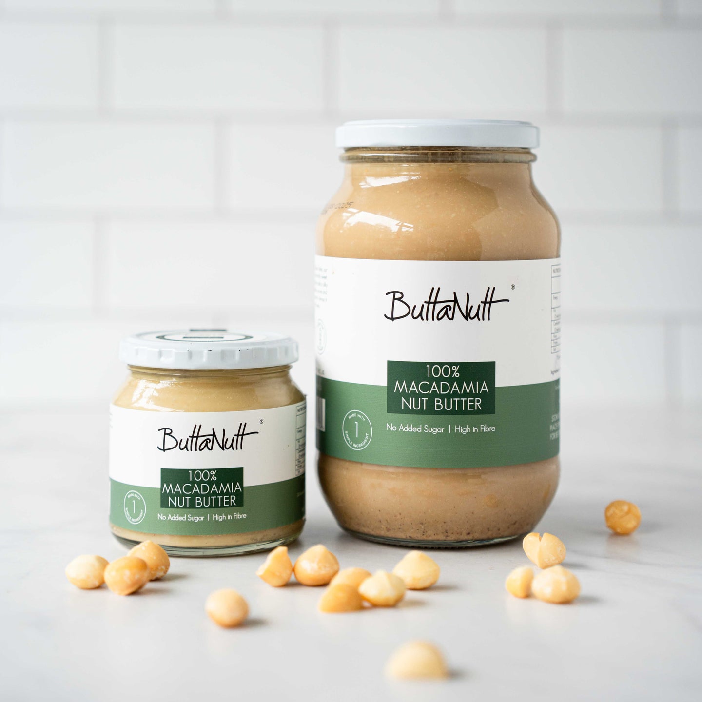 ButtaNutt 100% Macadamia Nut Butter jar showing smooth macadamia butter texture